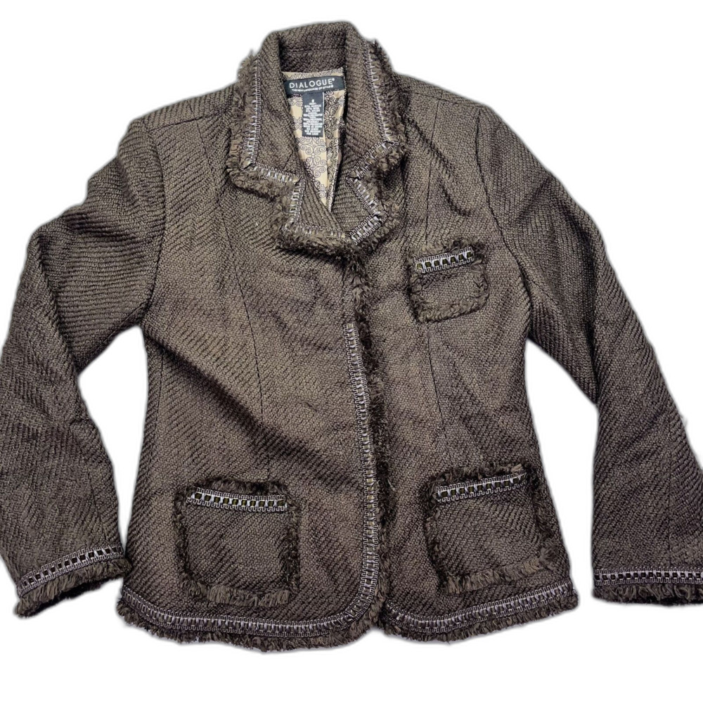 Dialogue Woman’s Sz 8‎ Brown Tweed Fringe Jacket Lovely